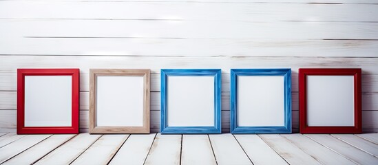 On a white wooden table there are empty red and blue picture frames offering ample copy space for images