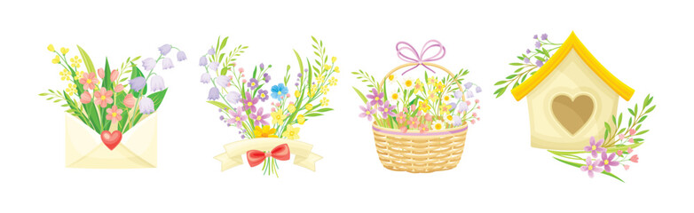 Spring Floral Composition with Blooming Flora Vector Set