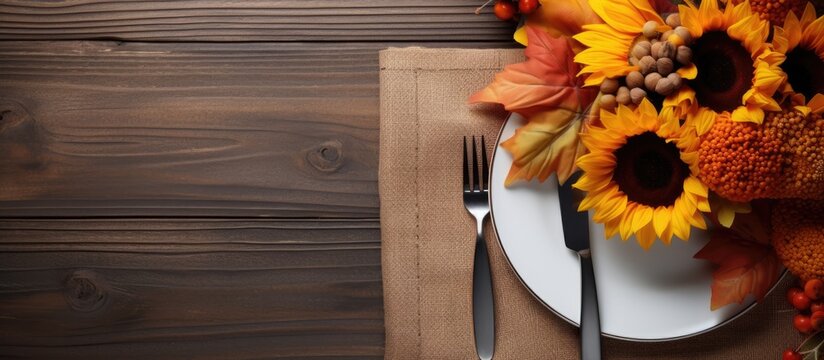 Thanksgiving dinner decorations featuring an autumn themed table place setting adorned with cutlery napkin and a sunflower Ample copy space for additional elements