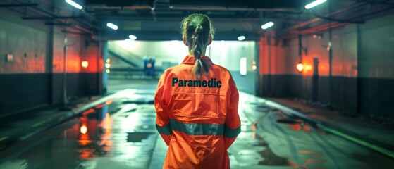 Obraz premium The female EMT or doctor is proudly standing with her back turned to the camera, wearing a high visibility medical orange uniform with the word 