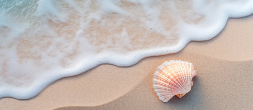 Top view of a seashell on a sandy beach providing a background for a copy space image