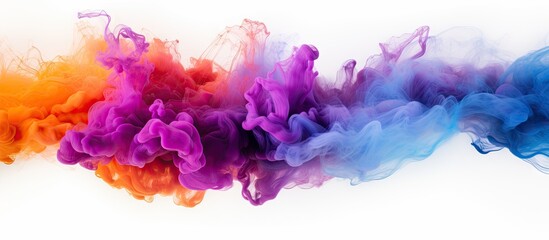 Fototapeta premium Multicolored powder cloud with an abstract design against a white background provides ample copy space for images