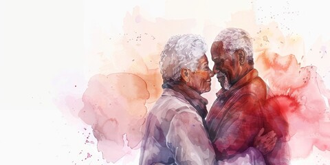 A painting of two older people hugging each other. The painting is in watercolor and has a warm, loving mood