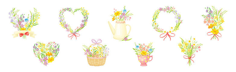 Spring Floral Composition with Blooming Flora Vector Set
