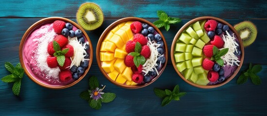Obraz premium A top down view of vegan berry smoothie bowls featuring the vibrant combination of mango and coconut perfect for a healthy food concept The image leaves ample space for copy