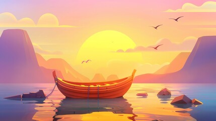 An illustration of a seascape or ocean with a boat at sunrise. Modern parallax background with flying birds and beams on the horizon.