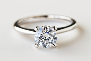 Close-up of a sparkling diamond engagement ring with a solitaire design and white backdrop