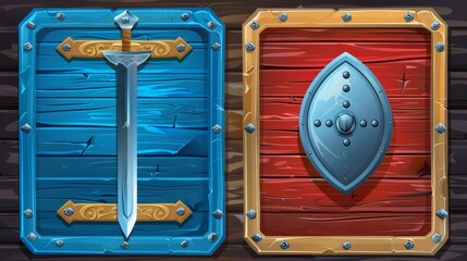 Modern illustration of a battle scoreboard for a role-playing game with a medieval sword and wooden shield separated into blue and red parts. Versus, a fight interface for player one vs player two.