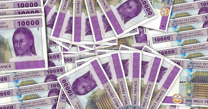 Central African CFA Franc money Cameroon Chad Congo Gabon banknotes in a cash fan mosaic pattern loop. 10000 XAF notes. Abstract concept of bank, finance, economy seamless looped design background.