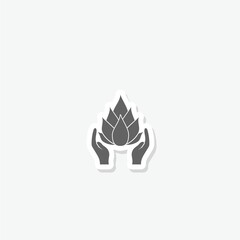 Hands holding Lotus flower icon sticker isolated on gray background