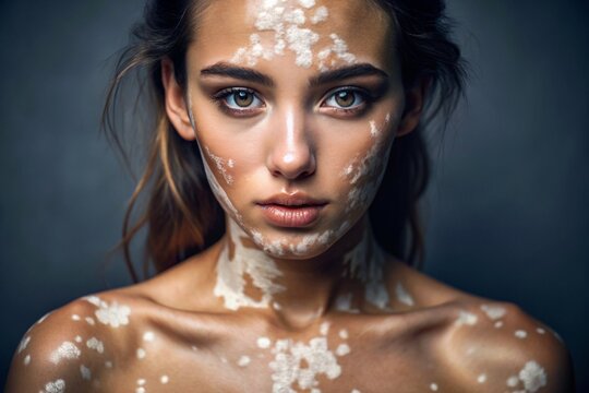 Leukoderma. Vitiligo. Violation of skin pigmentation. Large white spots all over the body and face. Portrait of a beautiful girl with a skin disease.