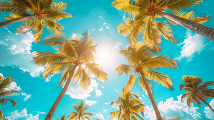 Fototapeta na wymiar Blue sky and palm trees, view from below, vintage style, tropical beach and summer background