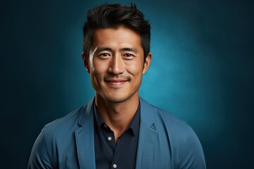 Fototapeta premium portrait of a smiling Asian man on a blue background.