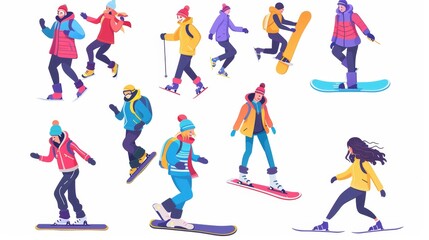 Sporty people riding snowboards, skiing, and skating. Cartoon characters wintertime season active recreation, activity entertainment, modern set.