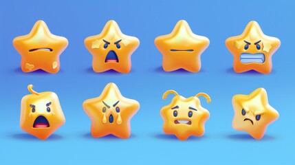 Embroidered star emojis with gold shiny faces expressing different emotions isolated on blue background. Modern cartoon set of funny star characters with happy smiles, excited, angry, arrogant,