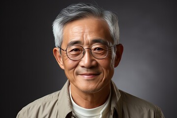 portrait of smiling asian grandfather on gray background.