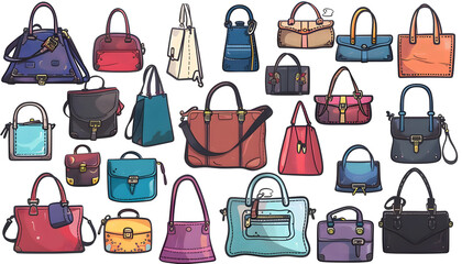 Clipart of various handbag styles from structured leather totes to soft bohemian satchels neatly c Generative AI