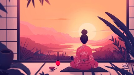 The tea ceremony cartoon landing page features an Asian woman wearing a traditional kimono sitting at a low table on floor pillows with a rice fields landscape backdrop in sunset. This is a modern