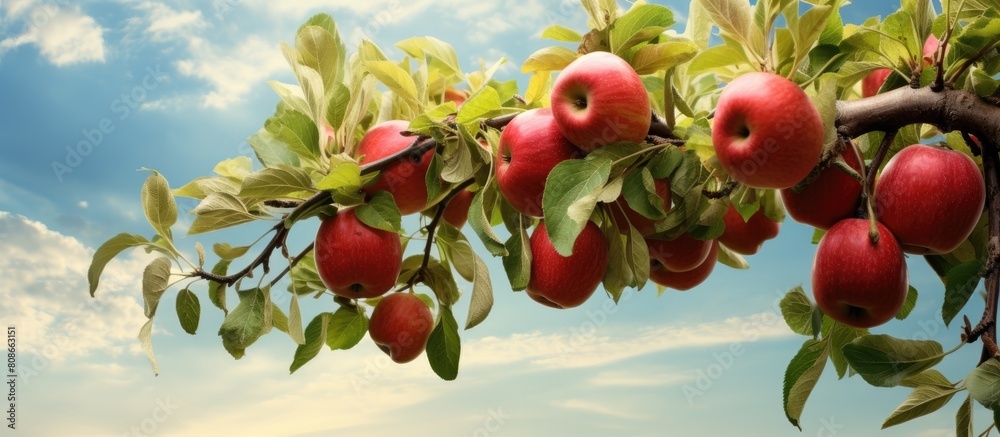 Sticker Copy space image of an apple tree adorned with ripe apples