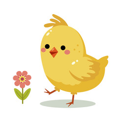 A cute cartoon chick next to a pink flower, with a simple white background, conveying a spring or Easter theme. Vector illustration