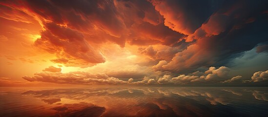 The sky at sunset is filled with dramatic dark clouds providing a captivating background for a copy space image