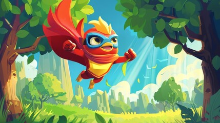 Modern illustration of a superhero bird in a red costume in the forest wearing a mask and a red costume in the background. Modern illustration of summer woodland landscape with grass, a canary