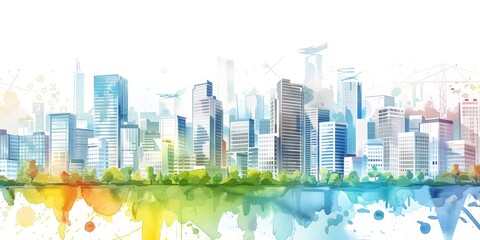 A city skyline with a green park in the middle. The buildings are tall and the sky is blue