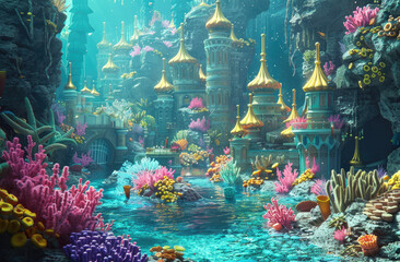 Vibrant 3D render of a fantasy underwater kingdom with colorful coral palaces and mythical sea creatures, designed for children s book illustrations or animations
