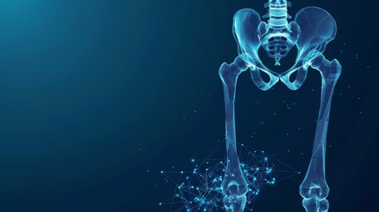 Human skeleton anatomy medical template with a polygonal modern illustration of the pelvis, hip joint, and knee joint.