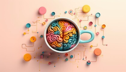 Obraz premium Cup of coffee with a colorful and creative brain inside