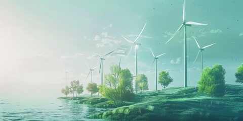 A group of wind turbines are on a hillside next to a body of water. The scene is peaceful and serene, with the turbines blending in with the natural landscape
