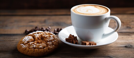 Delicious cup of coffee served with a dollop of whipped cream and a side of freshly baked homemade cookies perfect for a cozy treat Copy space image