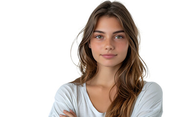Portrait of young European woman standing with crossed arms on isolated transparent background