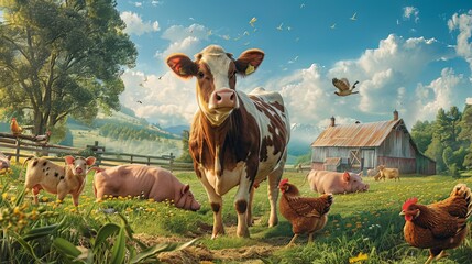 Barnyard Animals: In the barnyard, a mix of animals--cows, chickens, and pigs--go about their day, each contributing to the farm's rhythm and productivity