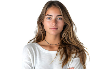 Fototapeta premium Portrait of young European woman standing with crossed arms on isolated transparent background