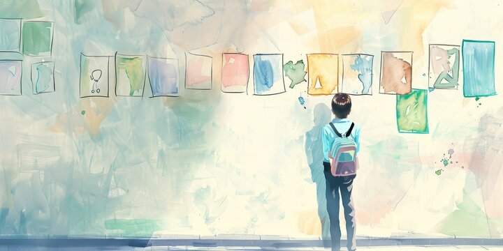 A boy is looking at a wall with many pictures on it. The boy is wearing a backpack