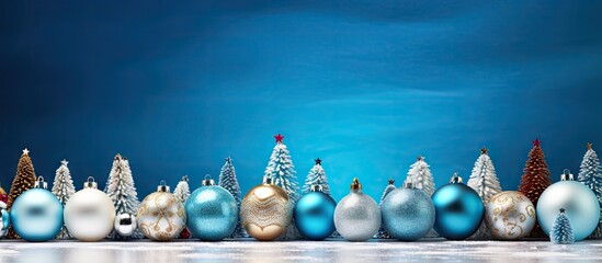 A festive holiday arrangement featuring Christmas tree ornaments in various shapes and colors The white decorations stand out against the blue backdrop providing a copy space image for your text - Powered by Adobe