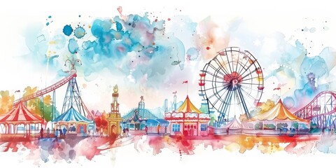 A colorful watercolor painting of a carnival with a Ferris wheel in the center. The painting captures the lively atmosphere of a carnival with various rides and attractions