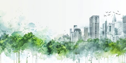 A city skyline with a green forest in the background. The city is full of tall buildings and the forest is lush and green. The sky is cloudy and the atmosphere is peaceful and serene