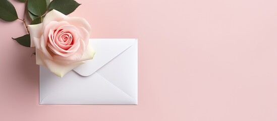 A minimalistic flat lay image with a white rose resting on a soft pink envelope symbolizing love on Valentine s Day The white background offers ample copy space - Powered by Adobe