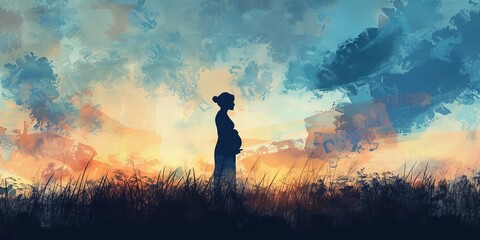 A woman stands in a field at sunset. The sky is filled with clouds and the sun is setting. The woman is pregnant and she is alone