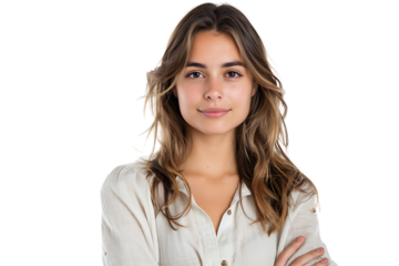 Portrait of young European woman standing with crossed arms on isolated transparent background