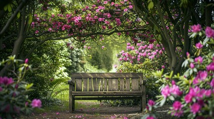 A Wooden Bench Nestled in Nature's Embrace, Surrounded by a Delicate Pink Floral Display and the Shade of a Majestic Tree