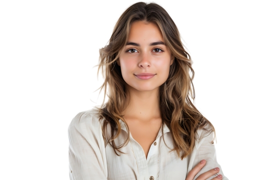 Portrait of young European woman standing with crossed arms on isolated transparent background