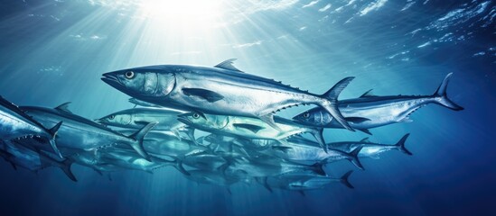 A photograph featuring a group of mackerel fish caught on land with a clear area for additional text or graphics