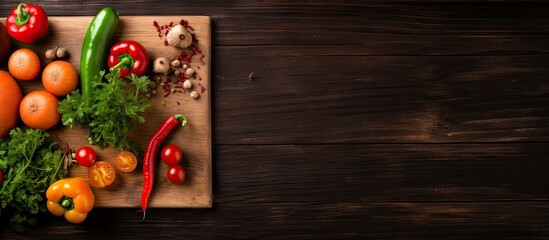 A healthy nutrition concept is portrayed in a copy space image of a wooden board with wholemeal toast a knife and various vegetables like paprika tomato cress cucumber and carrot