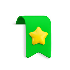 Vector Realistic 3d Green Bookmark with gold star. Favorite icon design element, cute ribbon e-book sticker with shadow isolated on white. Cartoon 3d vertical ribbon tag, tape, add to bookmarks sign.