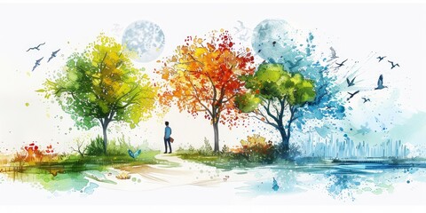 A painting of a man walking in a park with trees and birds. The trees are in different colors, and the sky is blue. The mood of the painting is peaceful and serene
