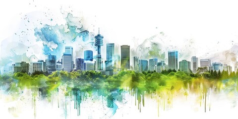 A city skyline with a green background. The city is full of tall buildings and the sky is blue