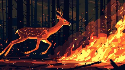 Vector illustration of a deer running away from fire in